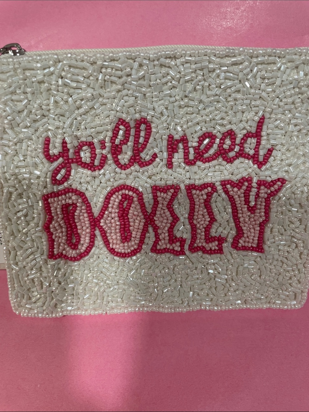 Ya'll Need Dolly Beaded Pouch - Dolly Parton White with Pink Accents - Handmade - Picture 5 of 10